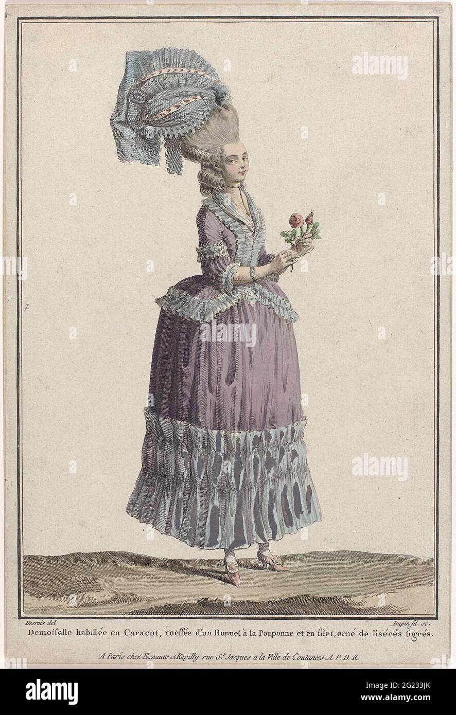Gallery des Modes et Costumes Français, 1778, K 59: Demoiselle Habillée and  Caracot (...). Unmarried woman in a caraco on a skirt with falbala. Around  the neck a fichu. On the high