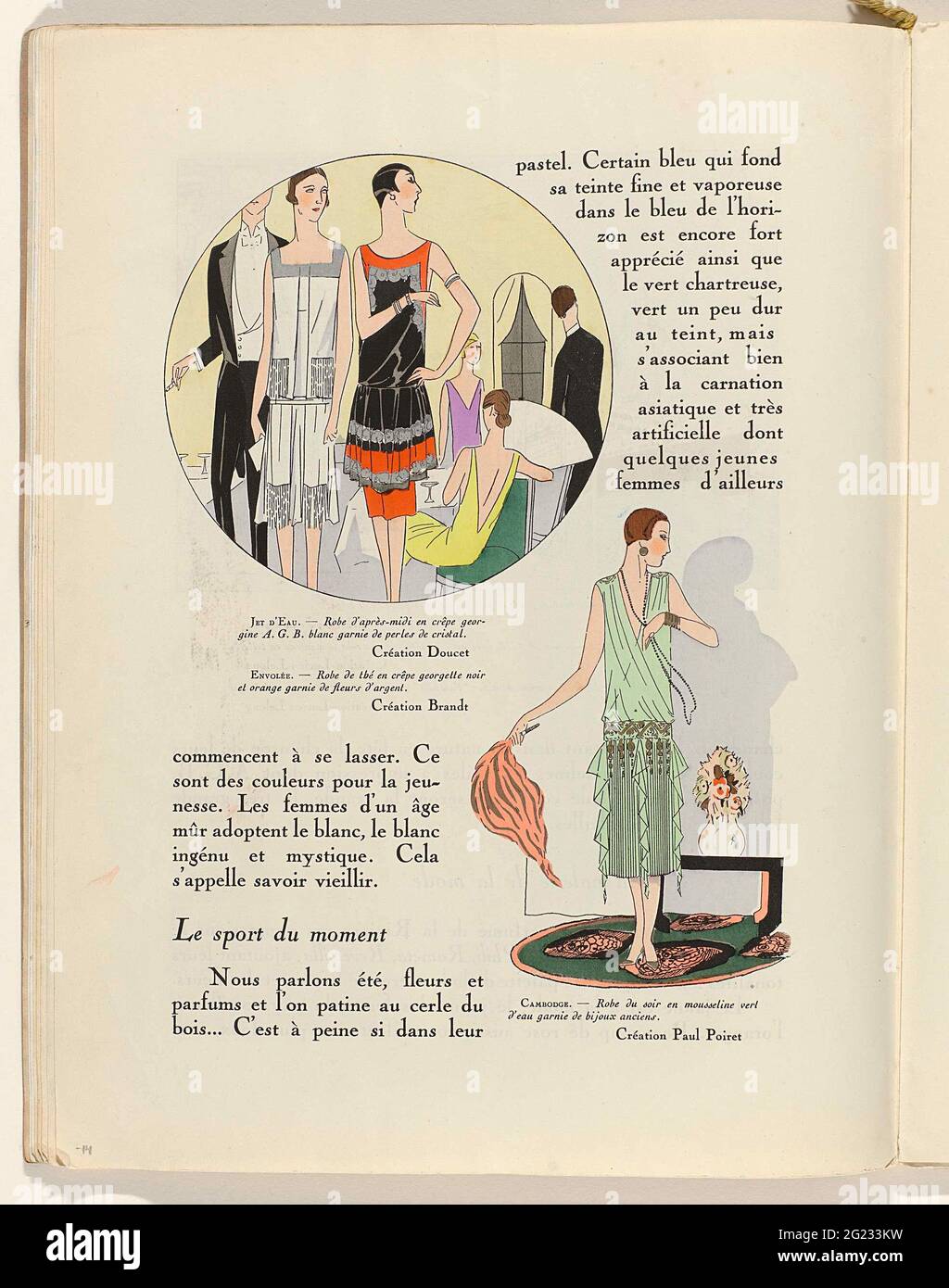 Art - Goût - Beauté, Feuillets de l 'élégance Féminine, Février 1926, No.  66, 6th Année, p. 14. Text with two images. Top left: afternoon juke of  white crepe Georgine a.g.b. Garnished