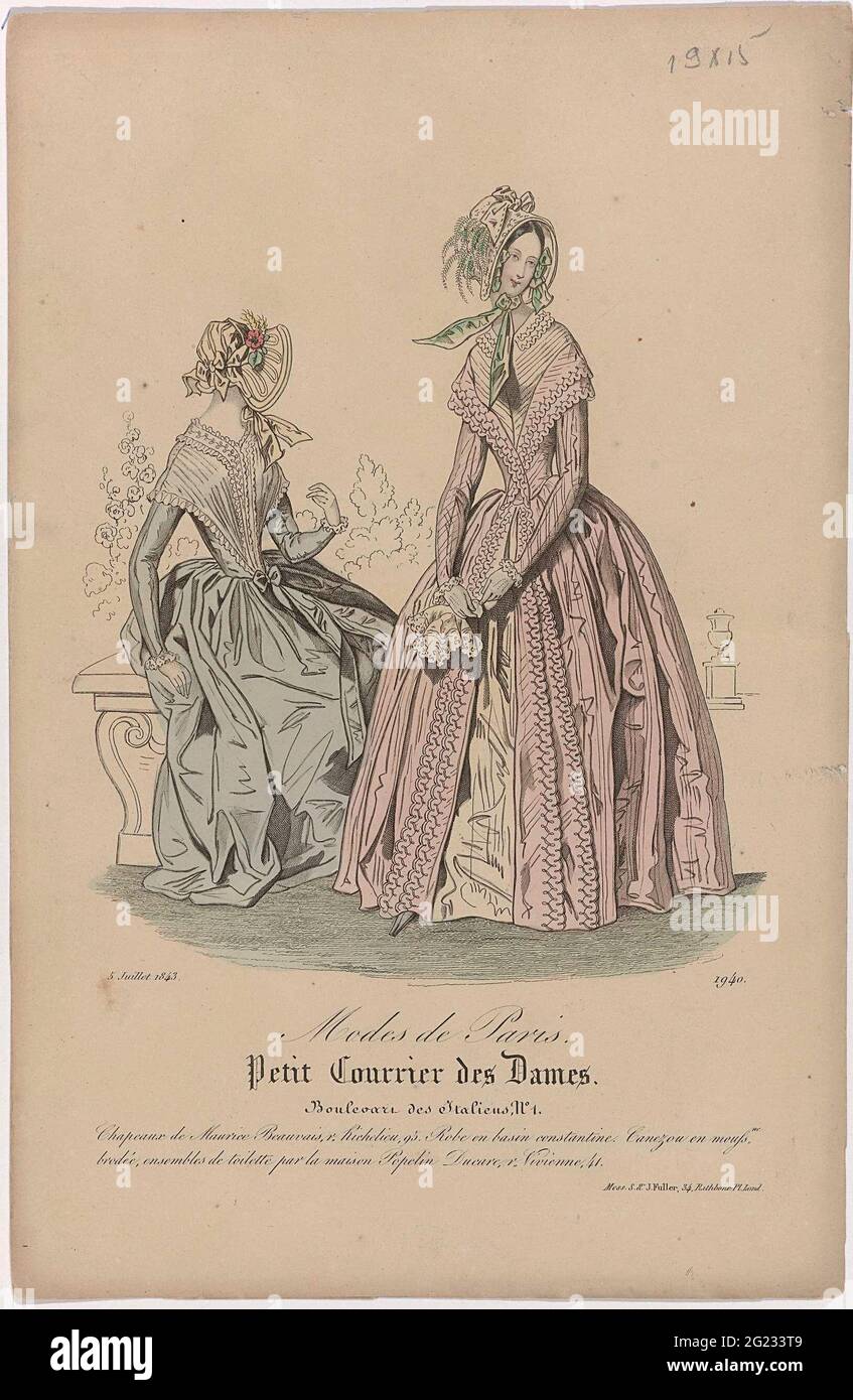 Petit Courrier des Ladies, 5 JULET 1843, No. 1940: Chapeaux de Maurice  Beauvais (...). Hats from Maurice Beauvais. Jap of striped 'Constantine'.  'Canzou' from embroidered muslin, 'ensembles de toilette' by the Popelin