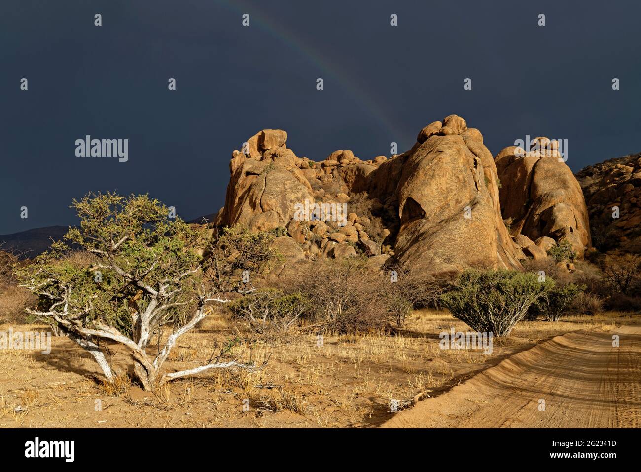 Guest farm Omandumba in the Erongo Mountains: Rain clouds and rainbow over rock formation 'Three Elephants', near Omaruru, Erongo Region, Namibia Stock Photo