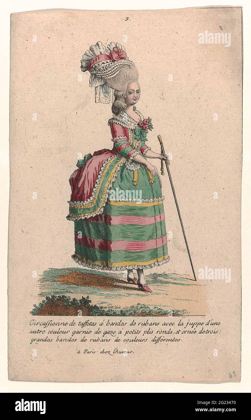 Gallery des Modes et Costumes Français, 1785, no. 3, copy to v 126:  Circassienne de Taffetas (...). Woman dressed in a 'circasienne' from the  side with tires of ribbon. Skirt from a
