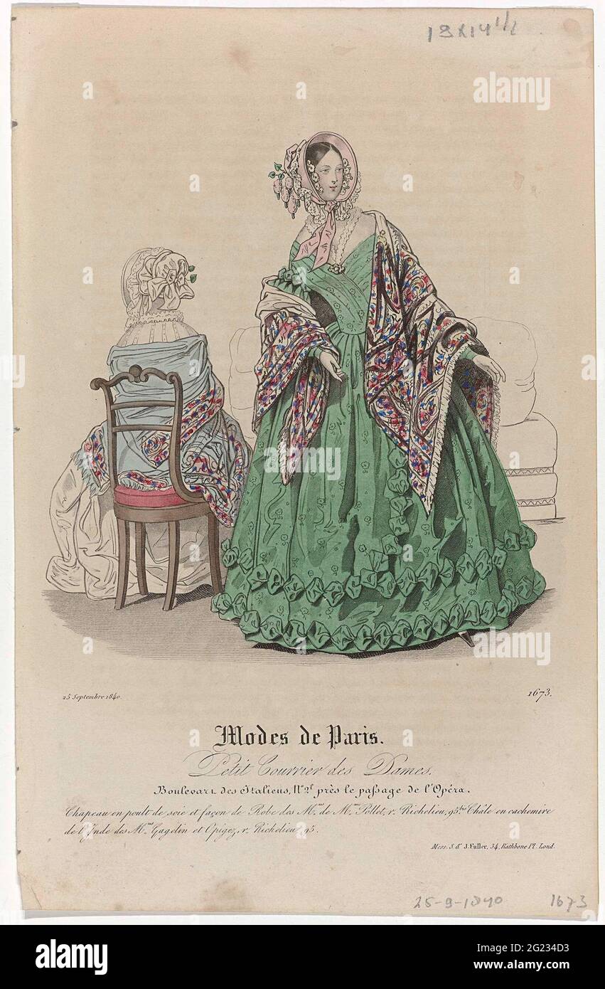 Petit Courrier des ladies, 25 août 1847, no. 2290: Chapeau des MNS De Mme  Dass (...). Two women in an interior. According to the caption: hats from  the shops of Dasse. Camille