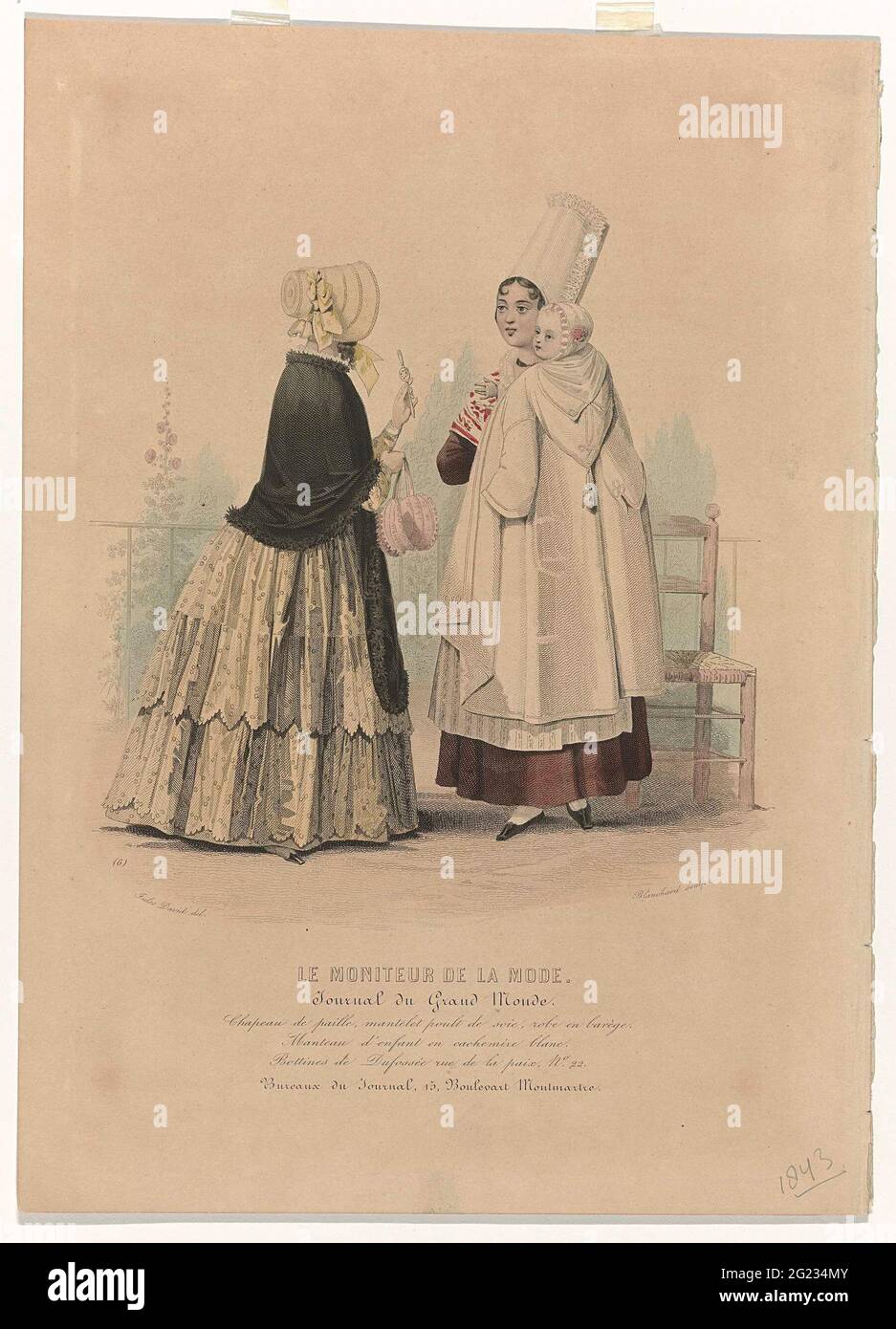 Le Moniteur de la Mode, 1843, no. 6: Chapeau de Paill (...). Woman with a  ratchet and children's hat in hand, standing at a woman with a baby on the  arm. According