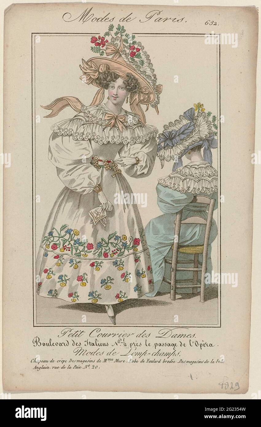 Petit Courrier des Ladies, 1829, No. 632: Chapeau de CRÈP (...). Hat from  crepe from the shops of Mure. Jap of embroidered foulard, from the shops of  'La Belle Anglaise'. Further accessories: