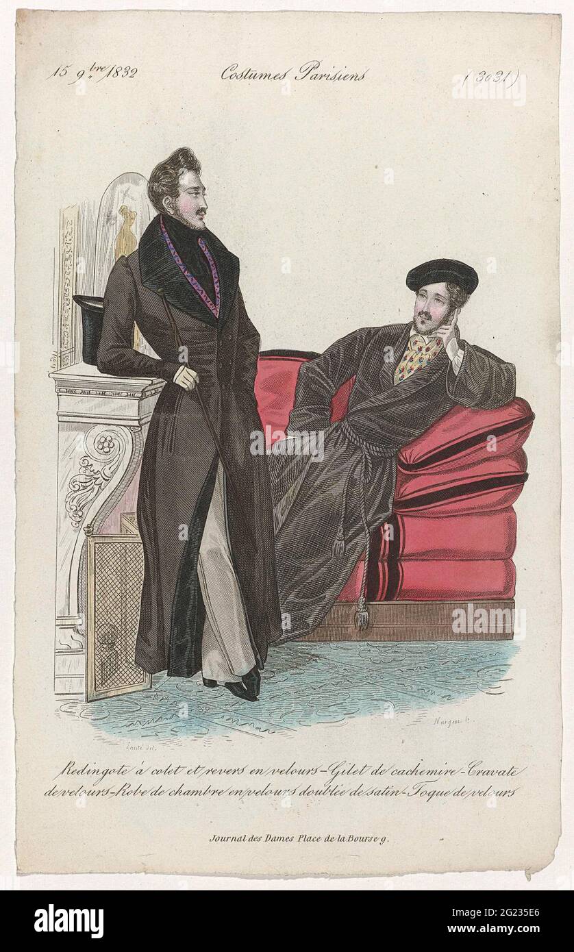 Journal des Ladies et des Modes, Costumes Parisiens, 15 September 1832,  (3031): Redingote à colet (...). Two men in an interior, from whom one  leans against the fireplace and the other is