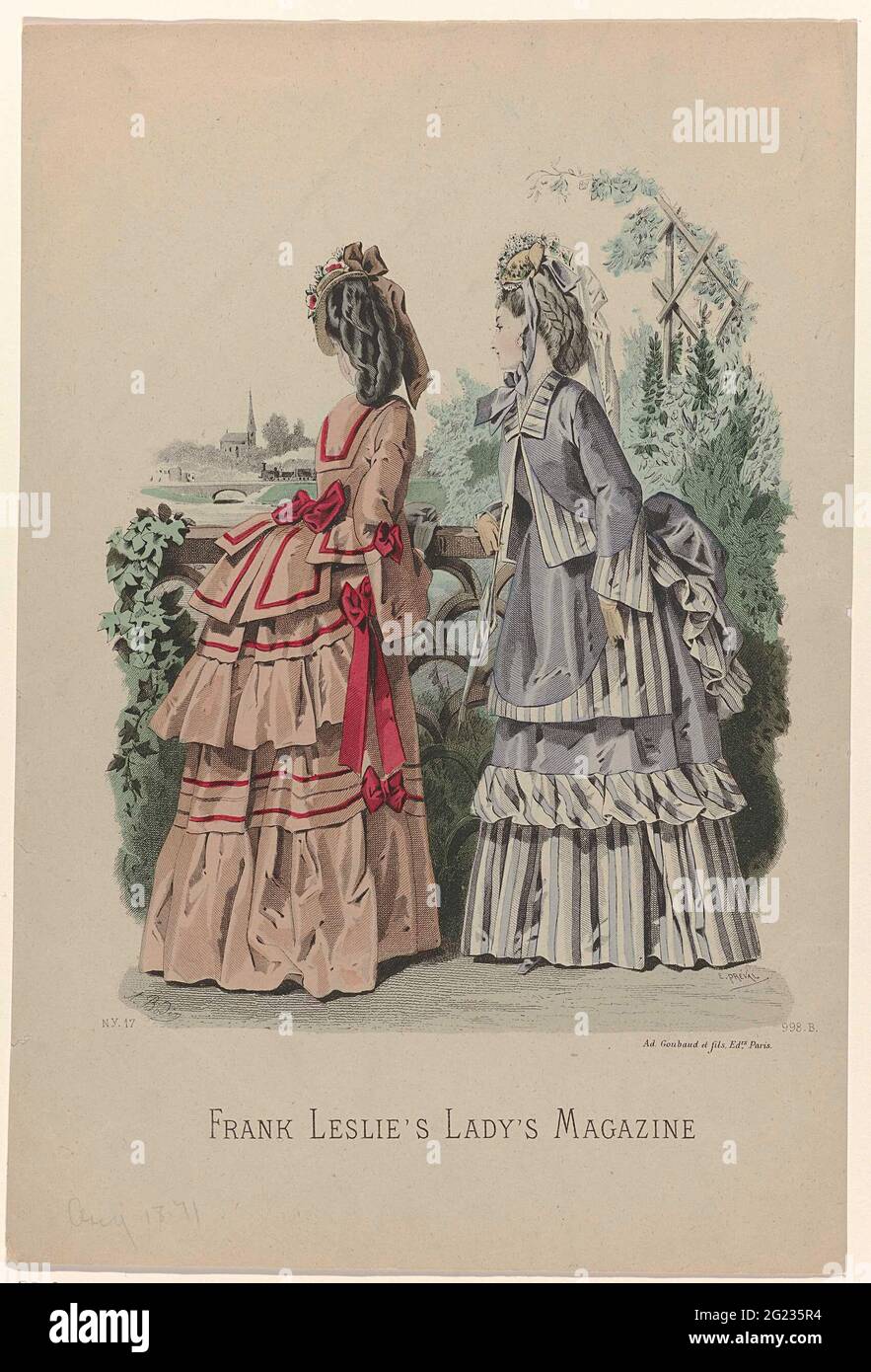 Frank Leslie's Lady's Magazine, 1871, NY.17, 998.B. Two women at a  balustrade, dressed in wins with queue. Accessories: hats, earrings,  gloves, parasol. A steam train drives in the background. French image in