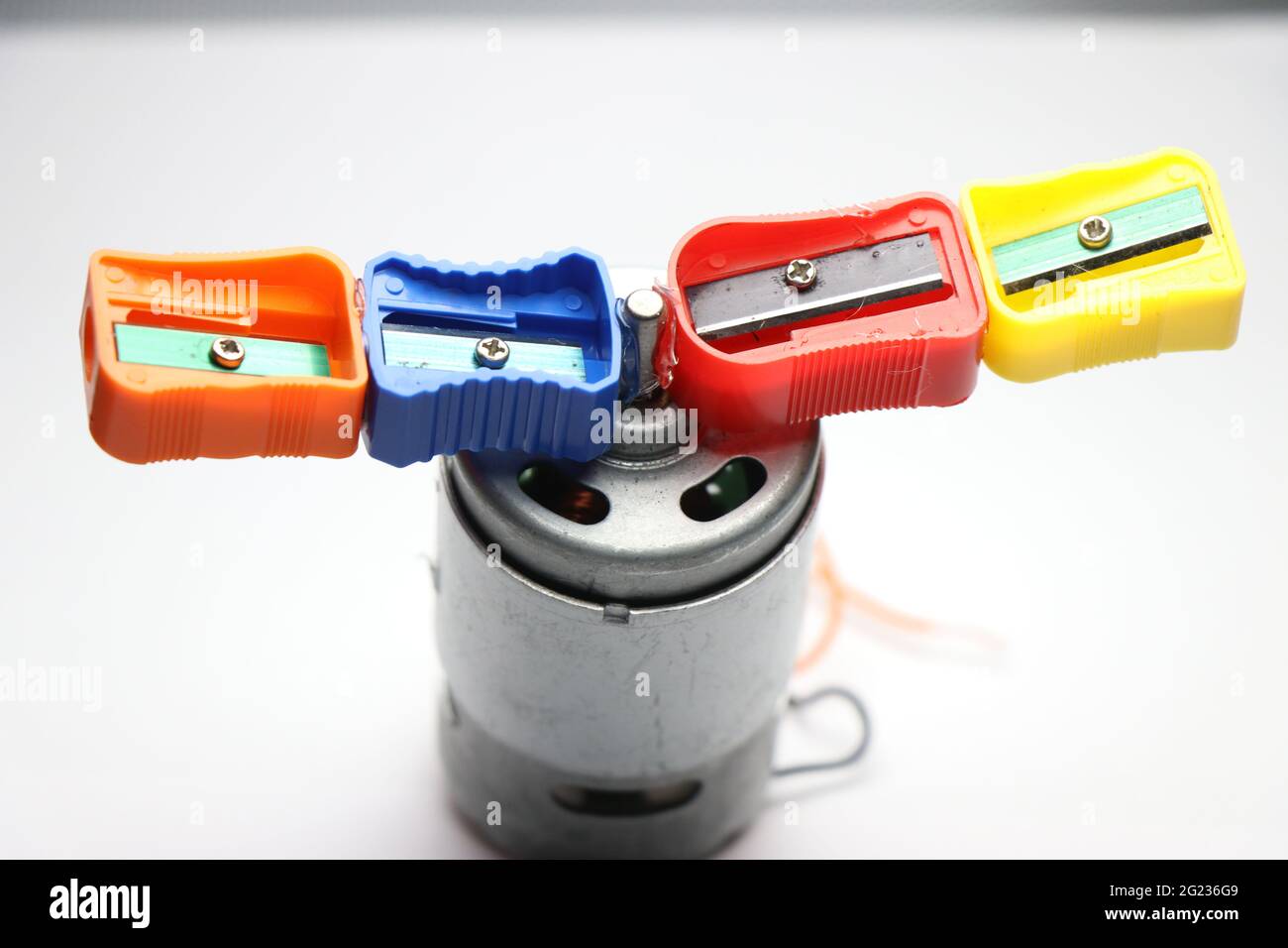 Life hacks from dc motor and pencil sharpener. DC Motor projects concept  using sharpener attached to its shaft Stock Photo - Alamy