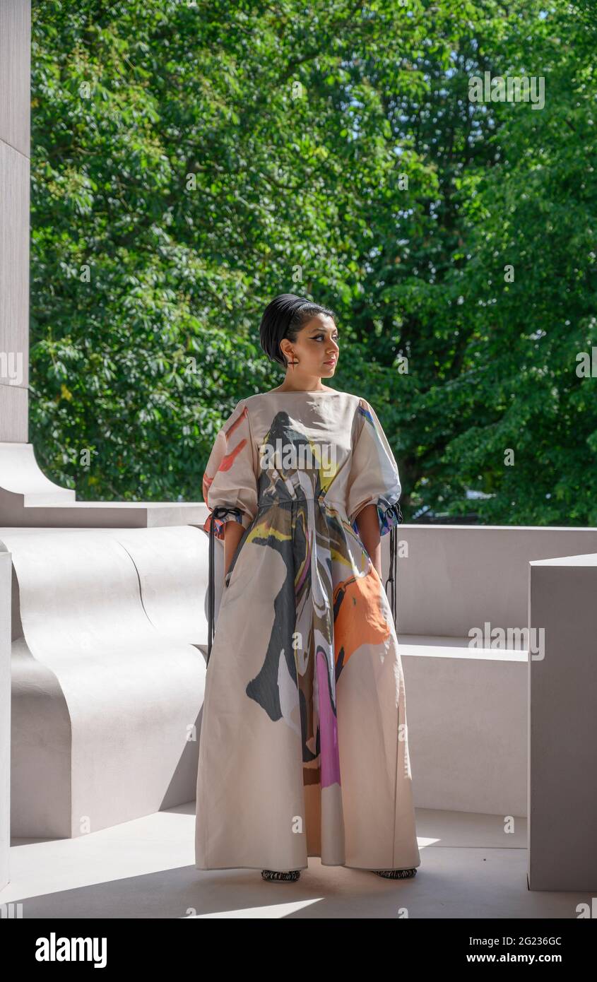Kensington Gardens, London, UK. 8 June 2021. The 20th Serpentine Pavilion, designed by Johannesburg-based practice Counterspace, directed by Sumayya Vally (pictured) opens in London on 11 June 2021. Credit: Malcolm Park/Alamy Live News. Stock Photo