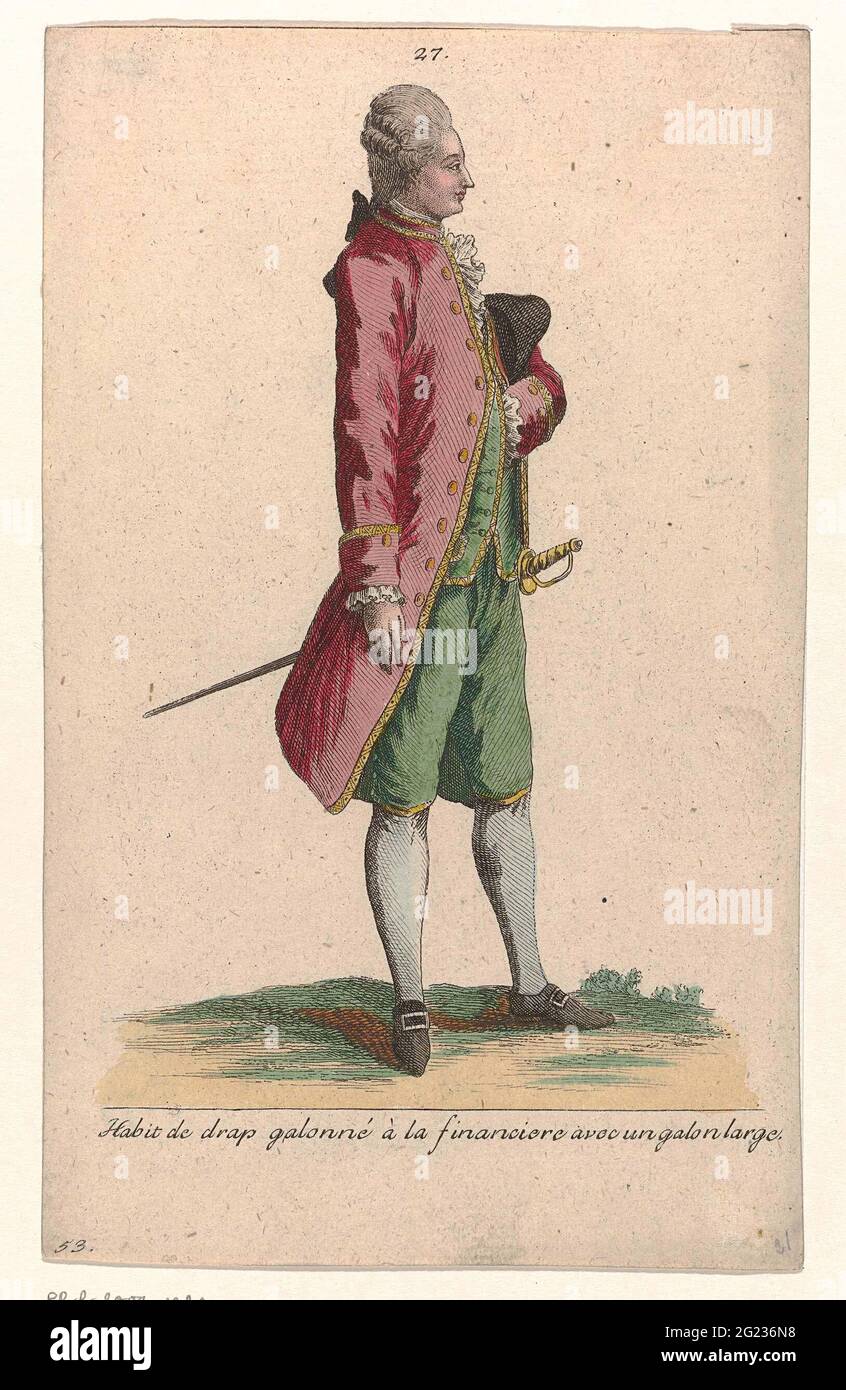 Gallery des Modes et Costumes Français, 1785, No. 27, no. 53, copy to you  118: Habit the DRAP Galonné (...). Standing man dressed in a 'habit' from  Laeken deposited with a wide