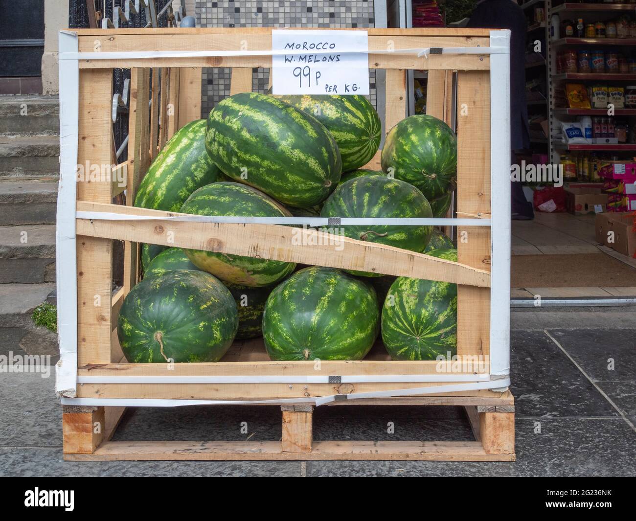 Crate of Moroccan Watermelons for sale, Edinburgh, Scotland, UK. Stock Photo
