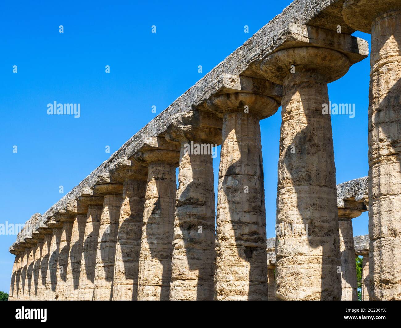 The Greek doric style temple of Hera (archaic temple) - Archaeological Area of Paestum - Salerno, Italy Stock Photo