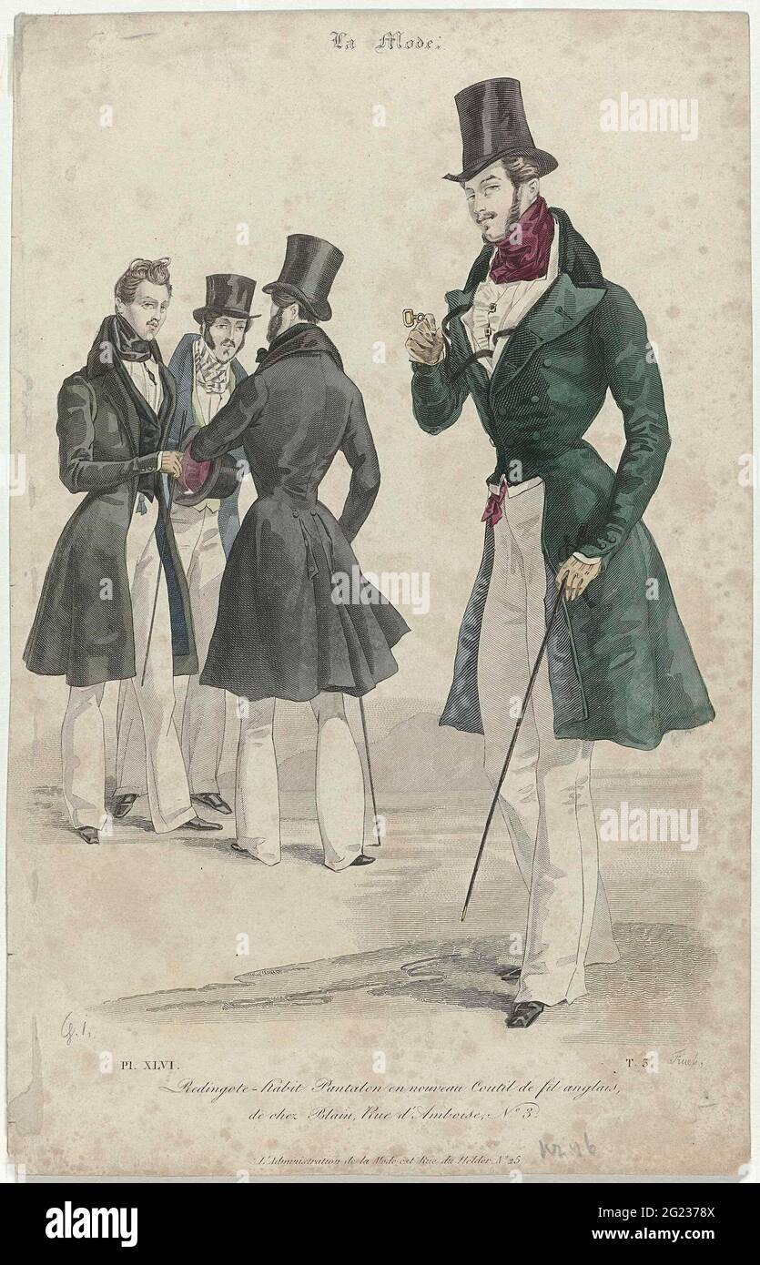 La Mode, 1830, pl. 46, T.3: REDINGOTE-HABIT Pantalon (...).  'Redingote-Habit'. Long trays of new 'Coutil de Fil Anglais', from Blain.  Vest and shirt with wrinkled jabot. Knotted neckerchief. Further  accessories: top hat