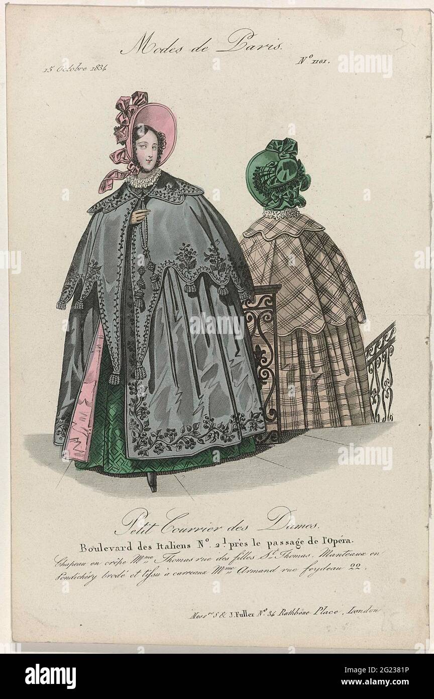 Petit Courrier des Ladies, 15 Octobre 1834, No. 1101: Chapeau and Crepe Mme  Thomas (...). Hat of Thomas crepe. Cloak of embroidered 'pondichéry' and  checkered fabric from Mme Armand. Further accessories: glove,