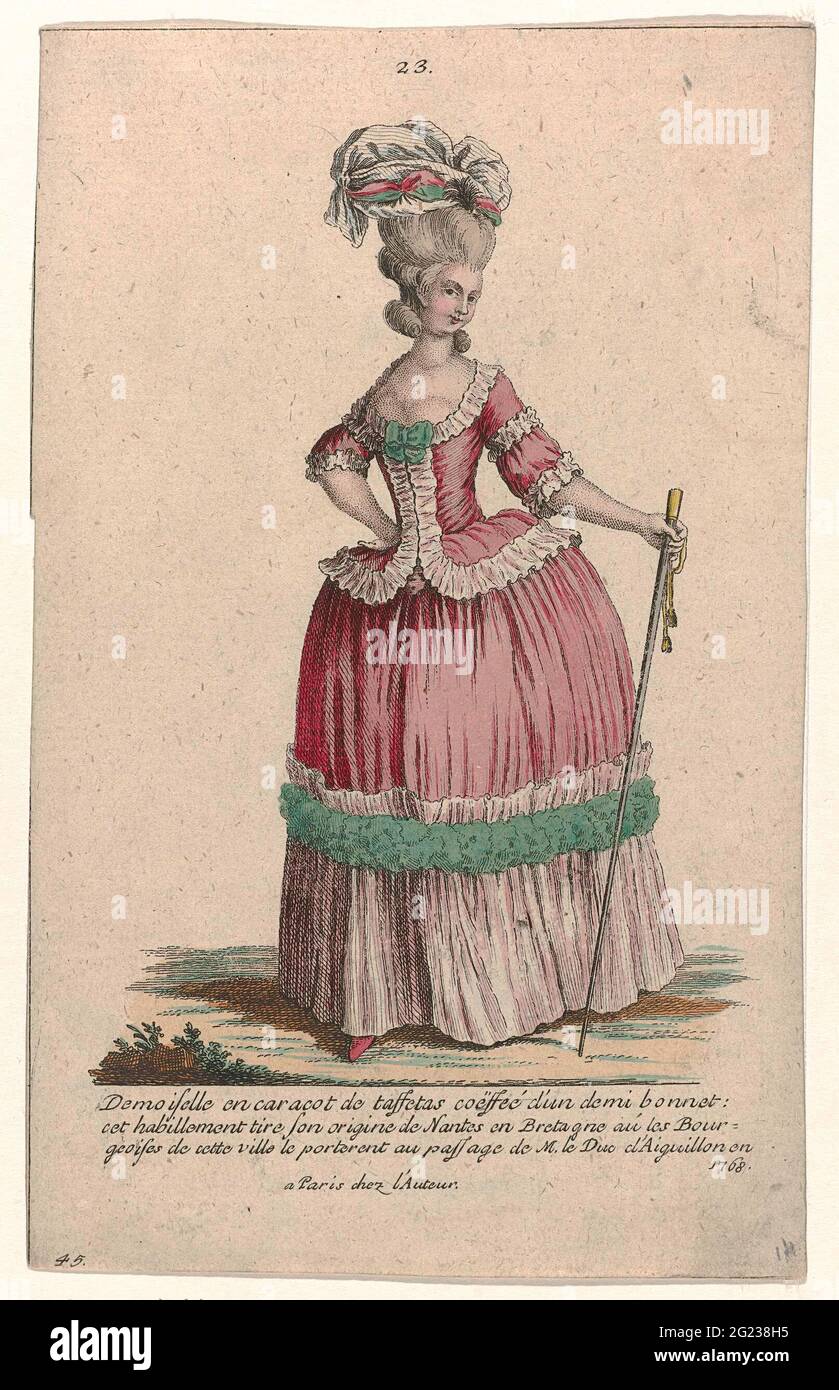 Gallery des Modes et Costumes Français, 1785, No. 23, no. 45, copy to M 72:  Demoiselle and Caracot (...). Unmarried woman dressed in a caraco from the  side on a matching skirt.