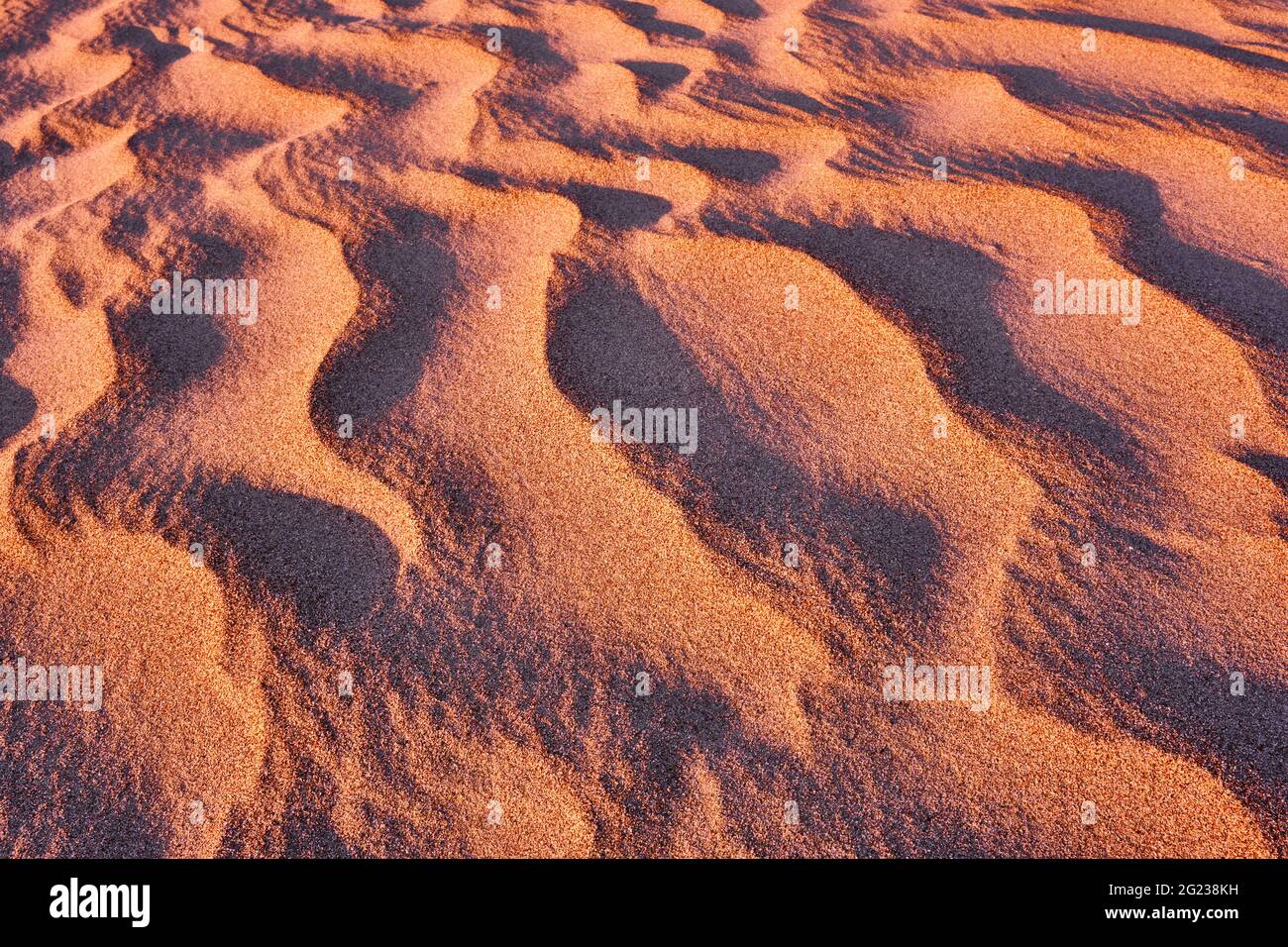 Harmonious lines of sand in the desert at sunset; bizarre wind patterns in the soft light of the rising sun Stock Photo