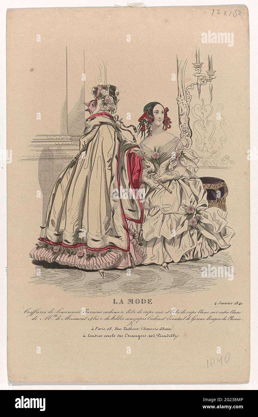 La Mode, 4 Janvier 1840: Coiffures De Lemonnier (...). Two women in an  interior. According to the caption, the women have hairstyles from  Lemonnier. On the left a bowl of cashmere over