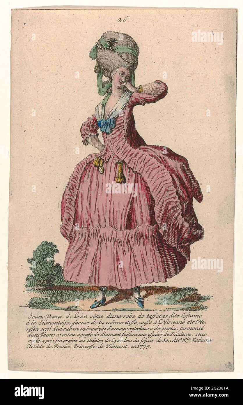 Gallery des Modes et Costumes Français, 1785, No. 26, no. 52, Copy to N 77: Jeune Dame de Lyon (...). Young woman from Lyon dressed in a joke of the side, 'Costume à la Piémontoise' called, decorated with wrinkled strips of the same fabric. The hairstyle is à l'Asirienne and is also called 'L'HERISSON'. It is decorated with a ribbon, intertwined with a bead collier (pearl necklace) and awarded a spring with diamonds agrafe (pin). To the neck a fichu, at the waist chatlaines, one with pocket watch. Further accessories: bracelet, bow at the cleavage, shoes with buckles and contrasting heels. Acc Stock Photo