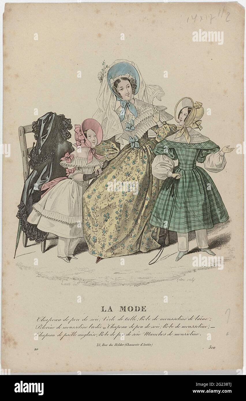 La Mode, 1836, pl. 510: Chapeau de PEU De Soi (...). Hat from 'Pou de Soie'  with a veil of tulle. Jap of wool muslin with pelerine of embroidered  muslin. Hat from '