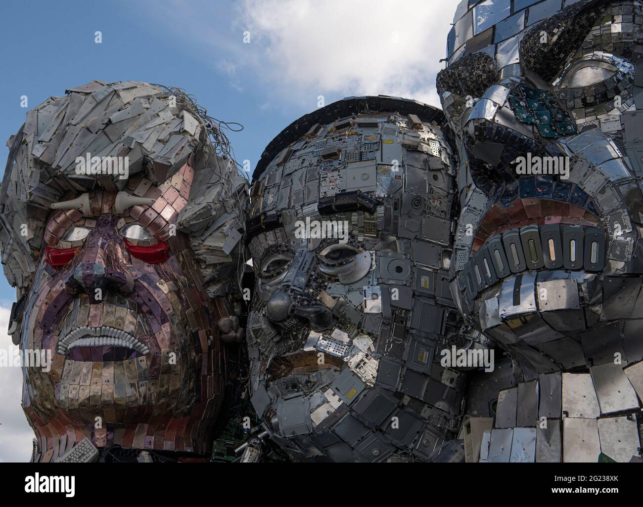 Carbis Bay, Cornwall, UK. 08th June, 2021. G7 'Mount Rushmore', sculpture made of electronic waste is built on a beach in Carbis Bay Cornwall. Looking over the G7 summit, The seven faces definitely look like the world leaders who will be attending the G7 Summit this week. UK Prime Minister Boris Johnson, Japanese Prime Minister Yoshihide Suga, France's president Emmanuel Macron, Italian Prime Minister Giuseppe Conte, Canadian Prime Minister Justin Trudeau, German Chancellor Angela Merkel and US President Joe Biden. Credit: kathleen white/Alamy Live News Stock Photo