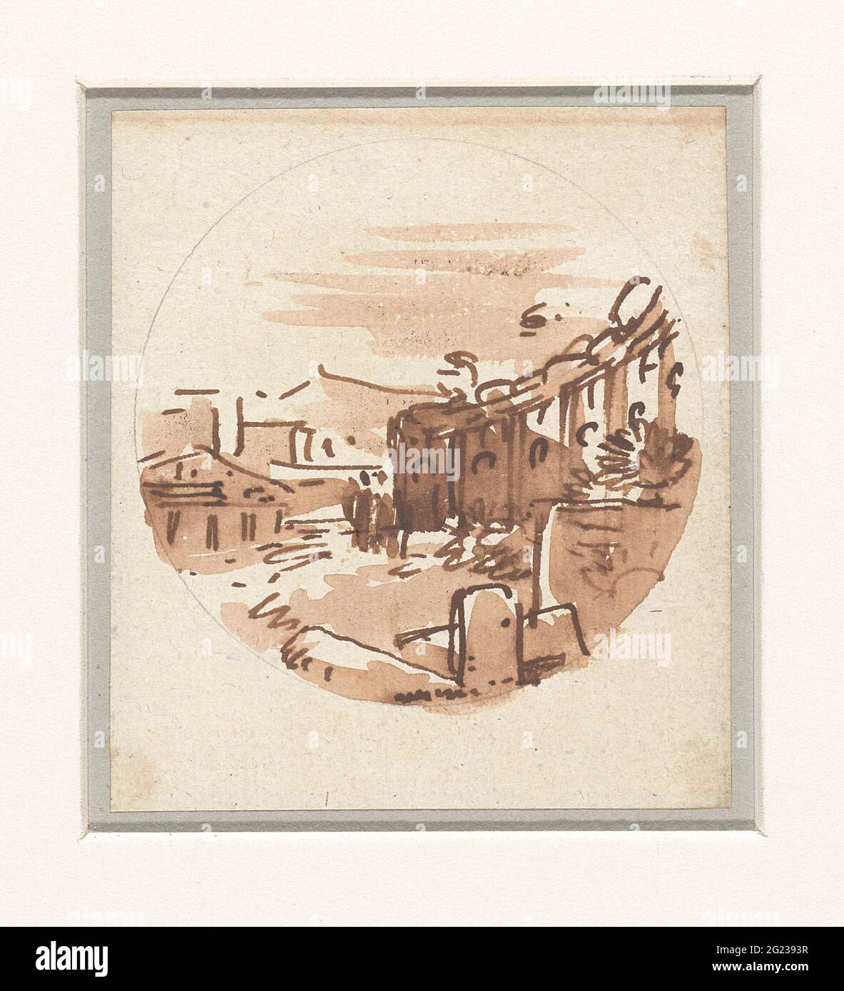 Volatile sketch of classic buildings, a temple and a porch in a curved ...
