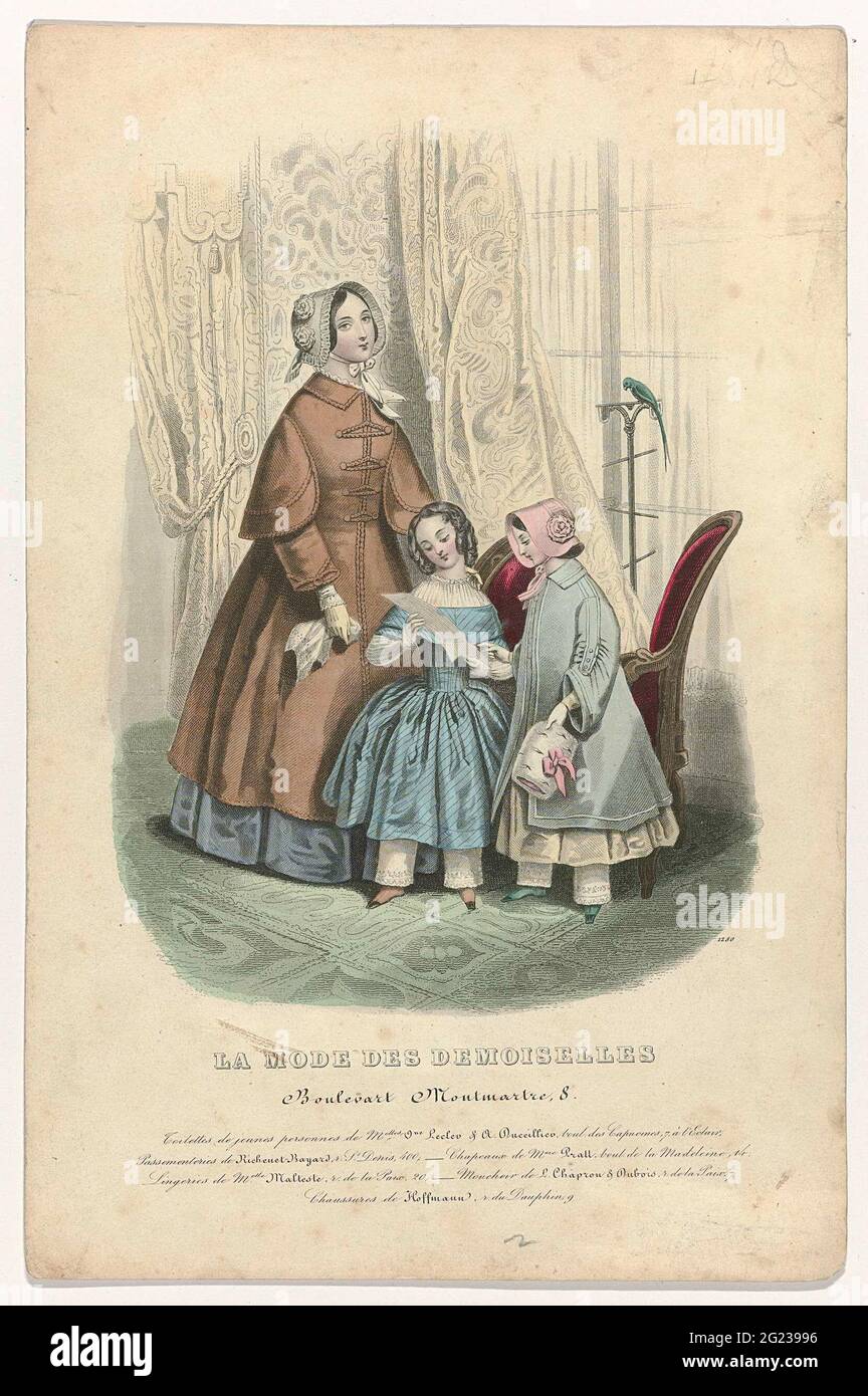 La Mode des Demoiselles, 1845, No. 1280: Toilettes The Jeunes personnes (...). A woman and two girls in an interior. In the background a bird on a bird stand. According to the caption: 'Toilettes' by VNE Leclev & A. Duceilliev. Below some rules advertising text for different products. Print from the La Mode des Demoiselles fashion magazine (1845-1848). Stock Photo