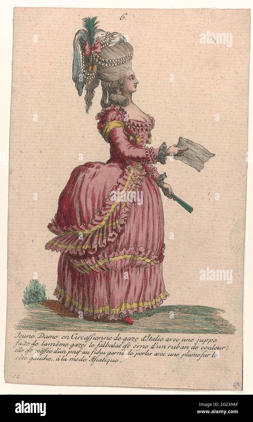 Gallery des Modes et Costumes Français, 1785, No. 6, no. 11, copy to N 78:  Jeune Lady and CircassiN (...). Young woman dressed in a circasienne from  'Gaze d'Italie' on a skirt