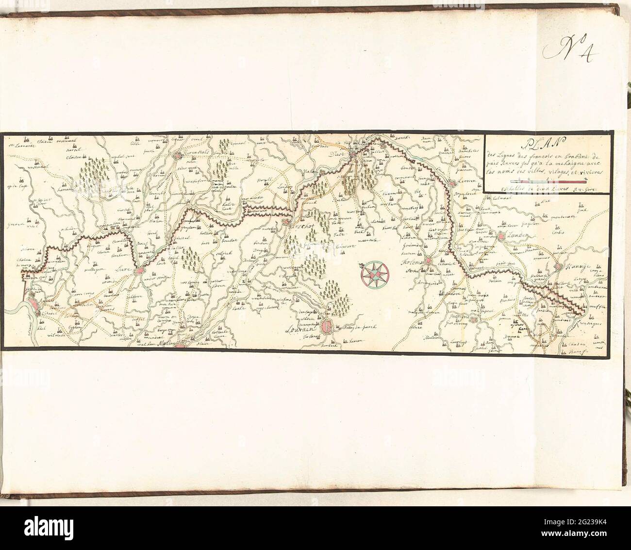 Map of the French line in Brabant, ca. 1705; Plan des Lignes des Francois and Brabant De Puis Anvers Jus Qu'a La Mehaigne. Map of the French line in Brabant, ca. 1705. This line was broken by the Allies in July 1705. Part of a collection of signed plans of enhanced places in the Netherlands and surrounding countries at the time of the Spanish Succession War (Part D). Stock Photo