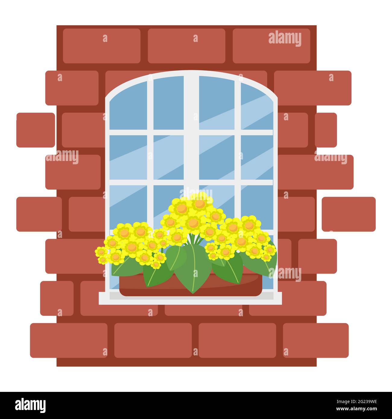 Box with flowers on the window, brick wall with white window, vector illustration in flat style, cartoon, isolated Stock Vector