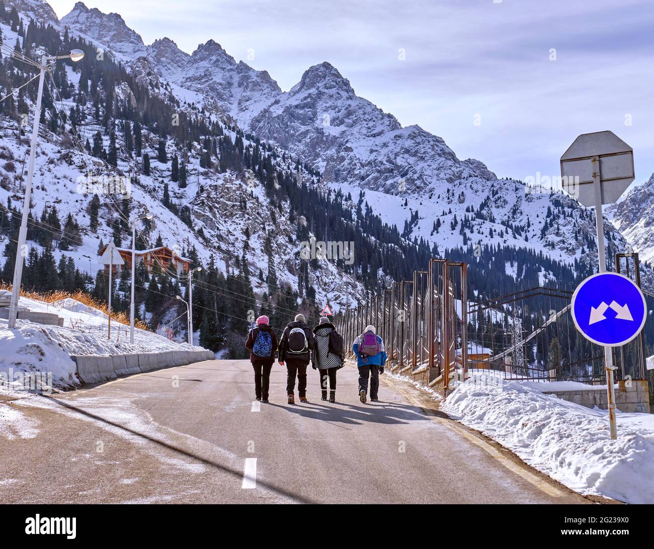 Group of tourists has trekking on asphalt road in the highlands on the background of rocky peaks; active lifestyle concept Stock Photo