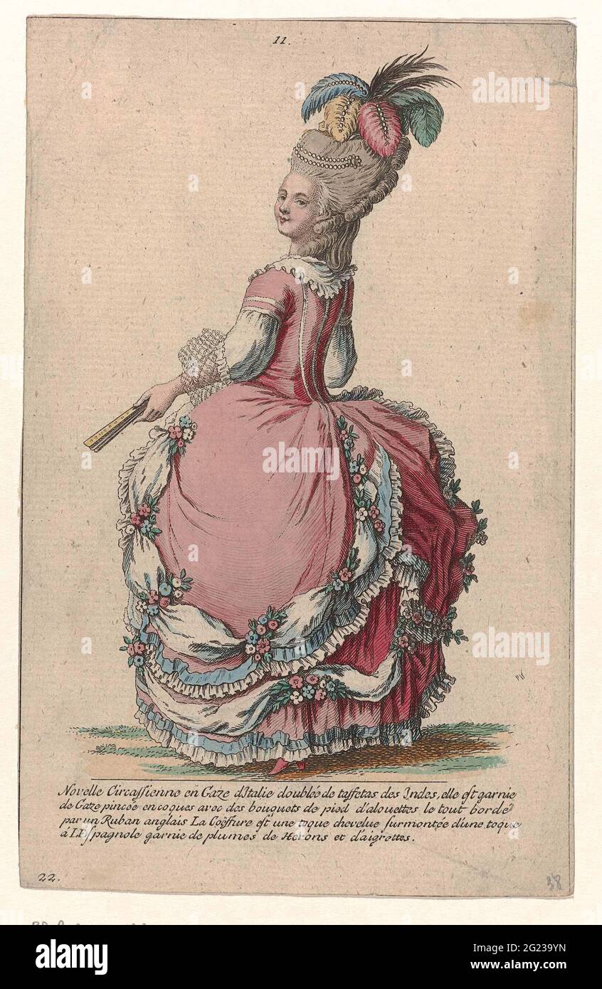 Gallery des Modes et Costumes Français, 1785, No. 11, no. 22, copy to EE  170 (bis): Novelle CircassiN (...). Woman, seen on the back, in a  circasienne from 'Gaze d'Italie' (mesh), lined