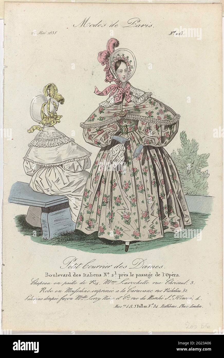 Petit Courier des Ladies, 25 MAI 1835, No. 1161: Chapeau and Paille de Riz  (...). Hat from 'Paille de Riz', from Larochelle. Jap of printed muslin, 'a  la caravane'. Pleated pelerine, performed