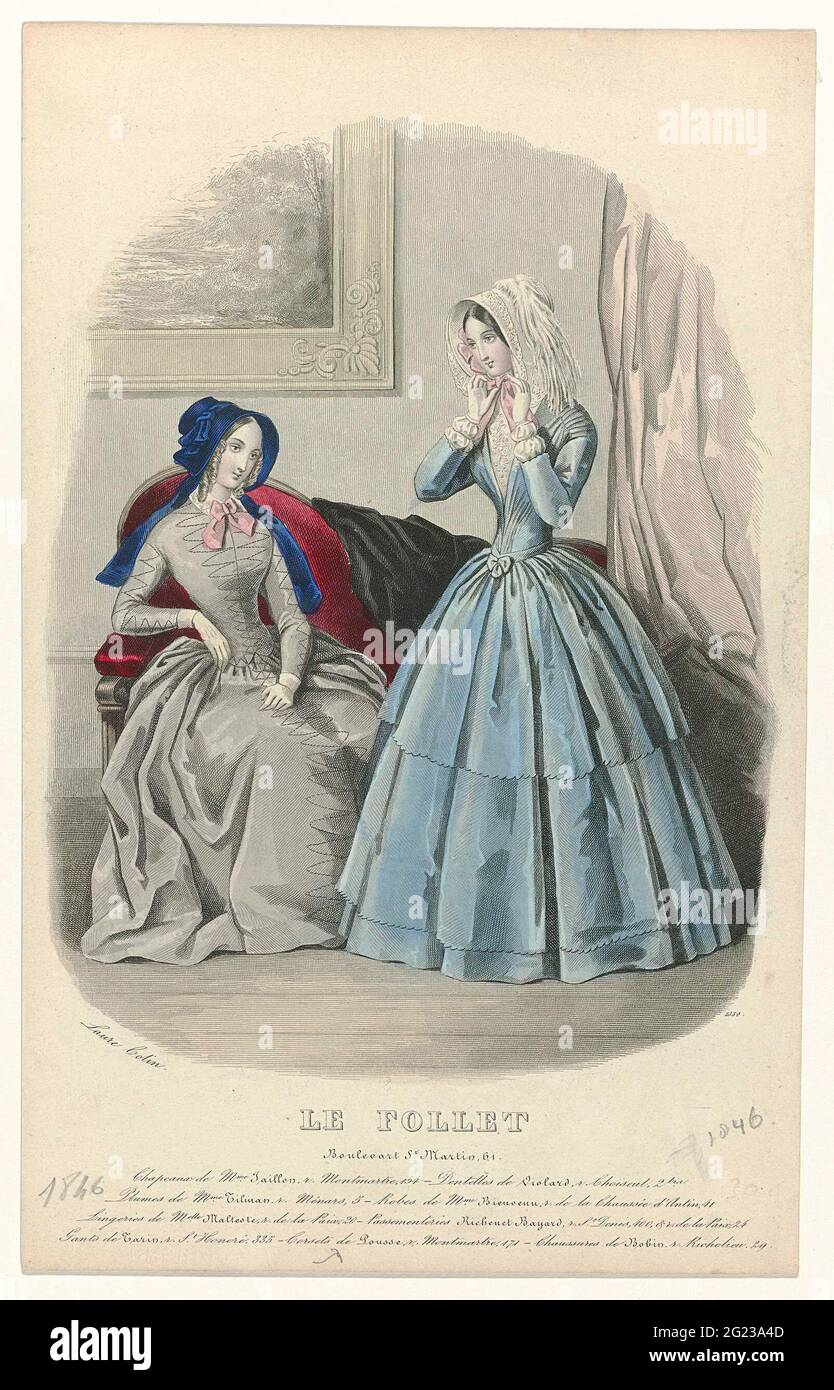 Le Follet, 1846, no. 1350: Chapeaux De Mme Jaillon (...). Two women in an  interior. Under the show some rules advertising text for different  products. Print from the fashion magazine Le Follet