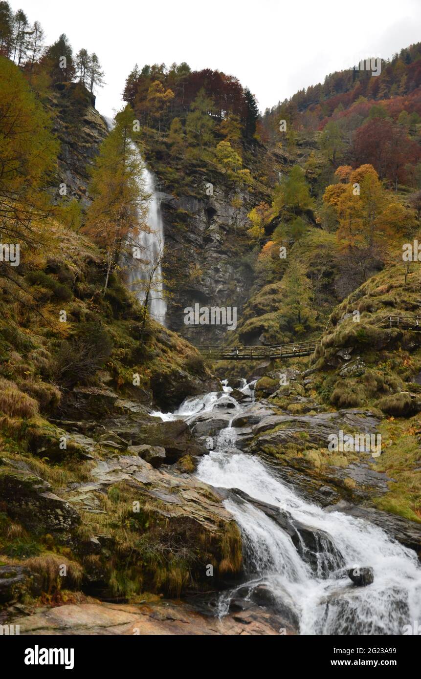 Huge Waterfall at Ticino Valle Maggia, Maggiatal, Switzerland in the mountains, long exposure picture Stock Photo