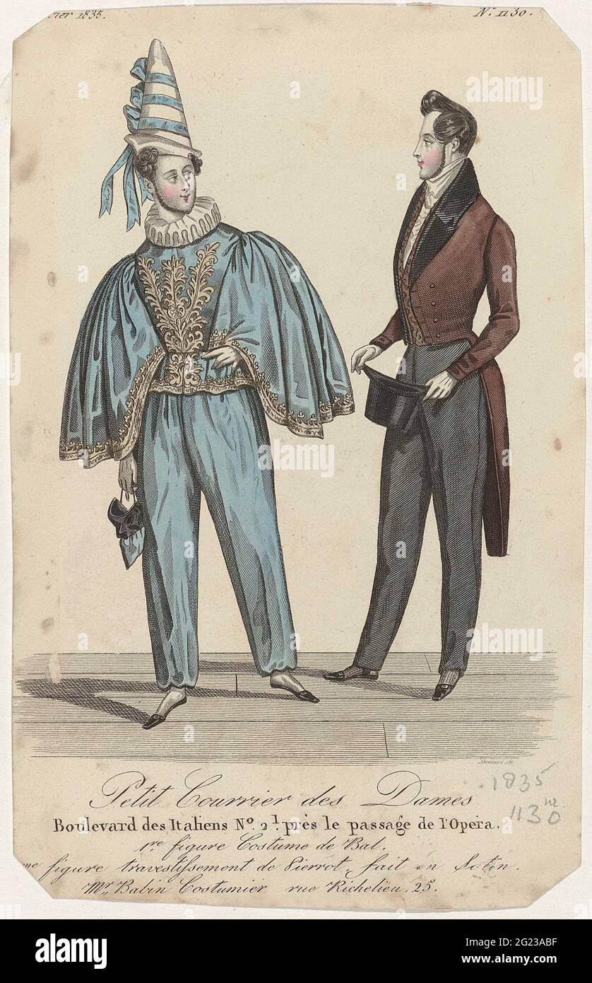 Petit Courrier des Ladies, 1835, No. 1130: 1Red Figure Costume the ball  (...). On the left a costume for a costumed ball: 'transvestfaction' of a  pierrot for a masked ball, made from