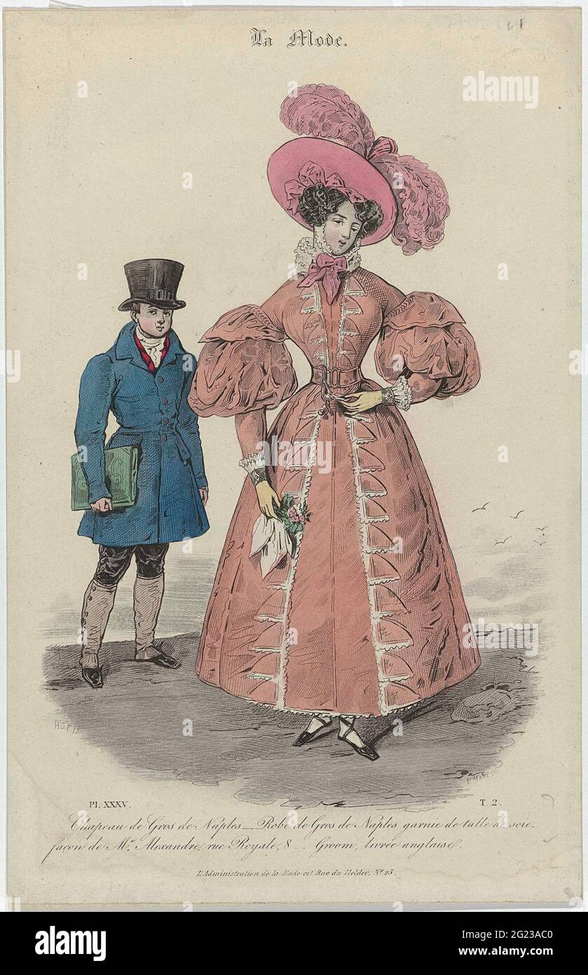 La Mode, 1830, pl. 35, T.2: Chapeau de Gros de Naples (...). Hat from 'Gros  de Naples'. Jap of 'Gros de Naples', decorated with 'Tulle de SOIE'.  Further accessories: Belt with buckle,
