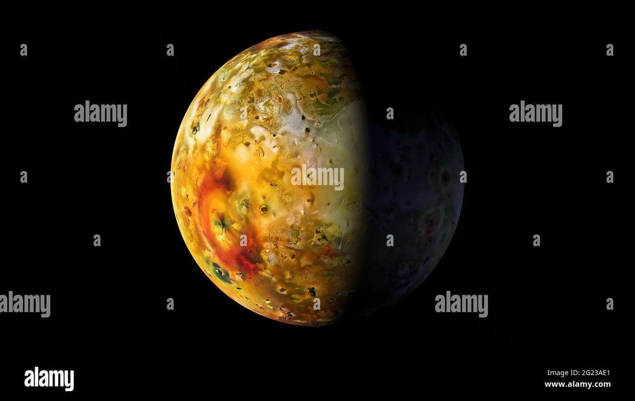 Io moon of Jupiter, black background Stock Photo