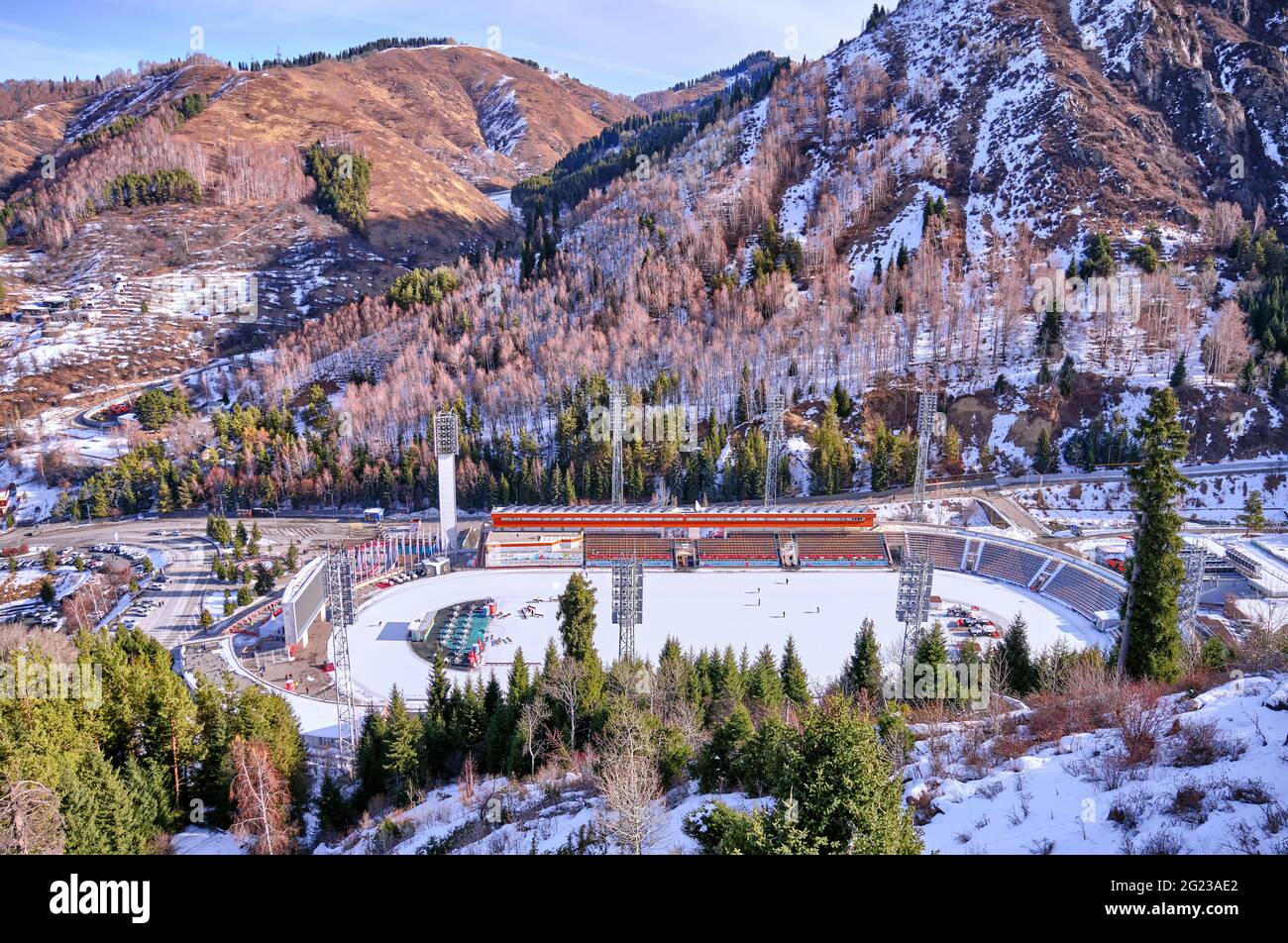 Almaty, Kazakhstan - February 05, 2021: Medeo valley with an ice skating rink of the same name in winter season Stock Photo