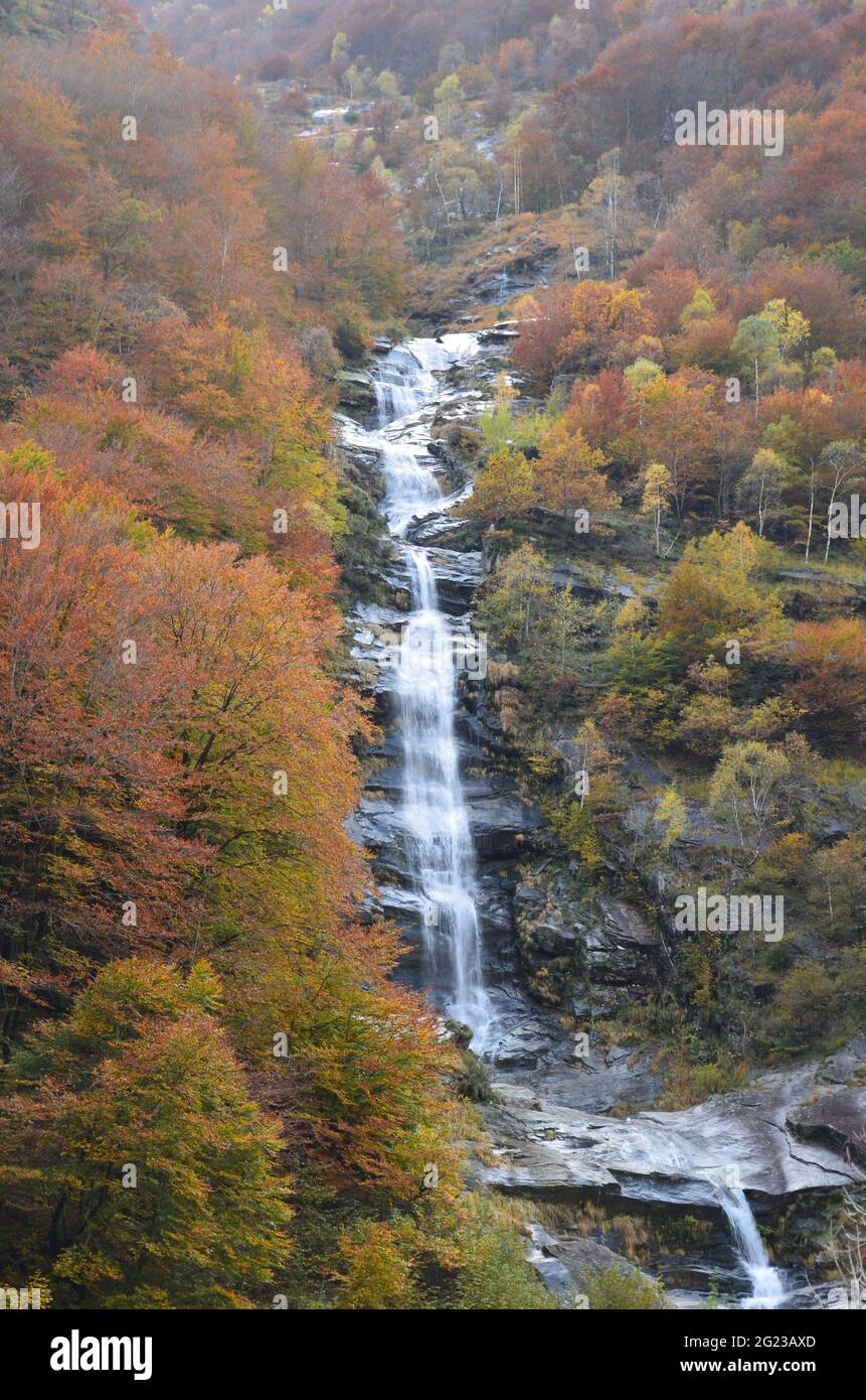 Huge Waterfall at Ticino Valle Maggia, Maggiatal, Switzerland in the mountains, long exposure picture Stock Photo