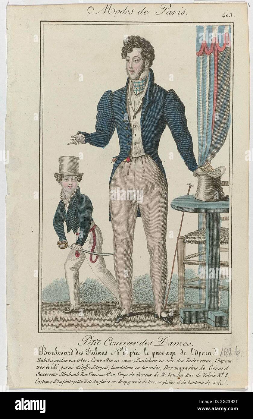 Petit Courrier des Ladies, 1826, No. 403: Habit à Poches Overtes (...). Man  in a 'habit' with open pockets, cardigan and span pants from ecru-colored  'Soie des Indes' (silk). On the head