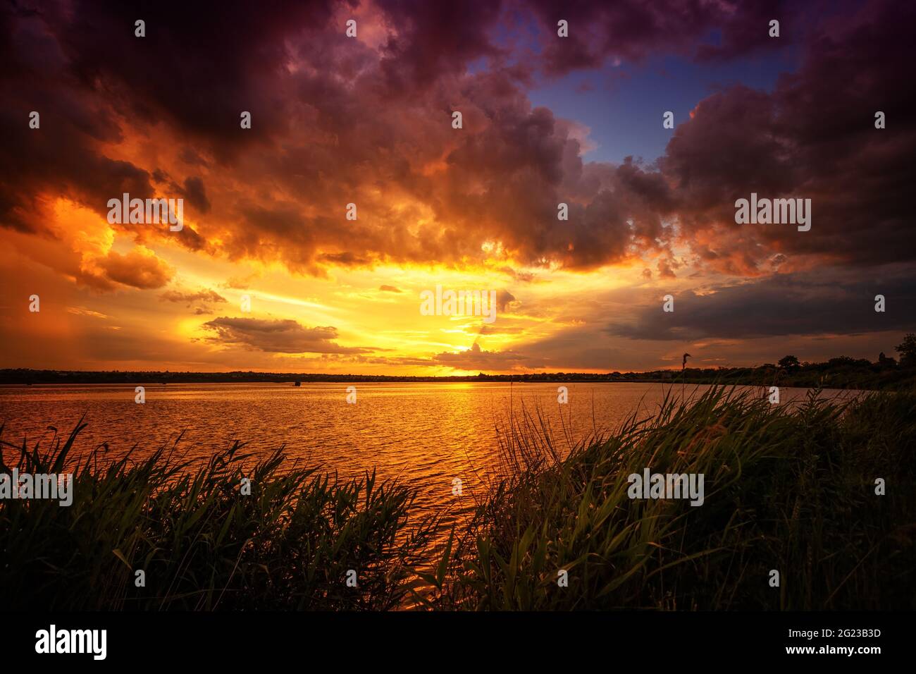 Beautiful landscape with sunset, sunrise on the lake Stock Photo
