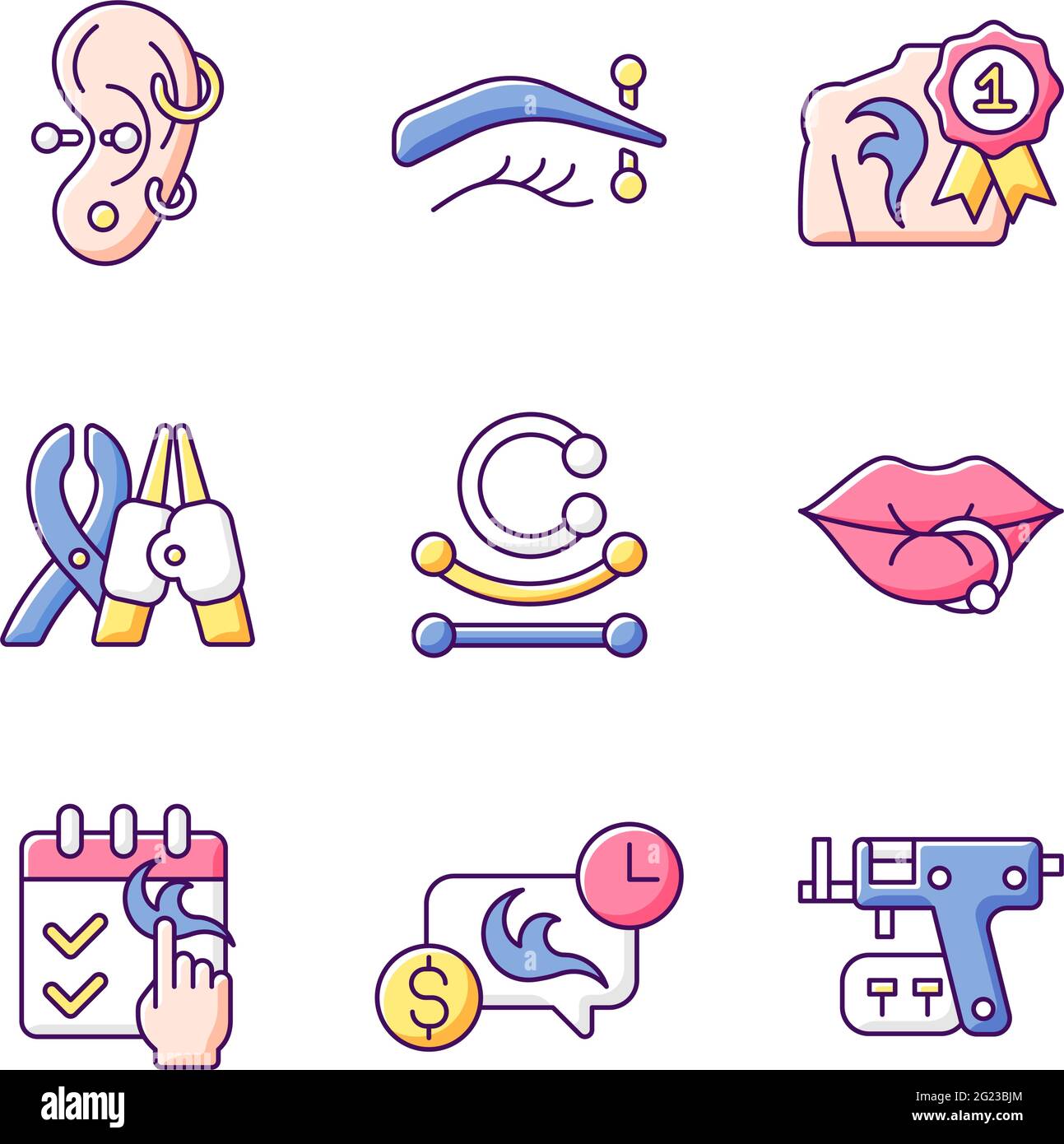 Tattoo and piercing creation RGB color icons set Stock Vector Image ...