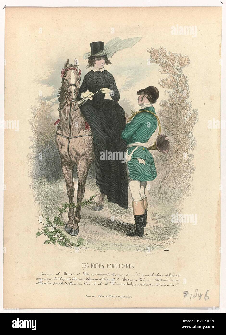 Les Modes Parisiennes, 1846, No. 186: Amazon de Marel et Loth (...). Woman  in amazon seat on horseback; In addition to her a man with hunting horn  over the shoulder. According to
