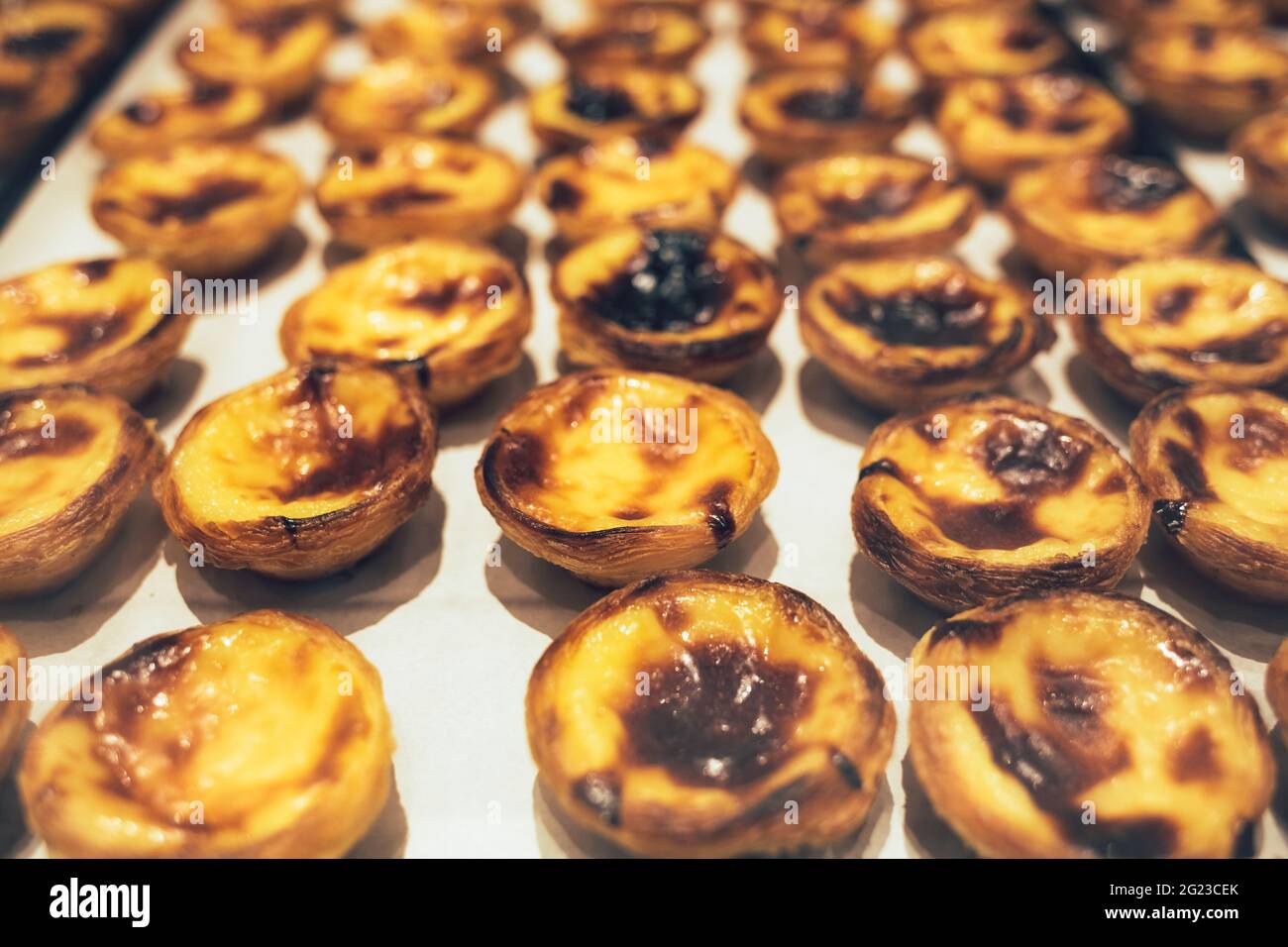 Traditional Portuguese dessert - Pastel de nata on bakery shelve. Stock Photo