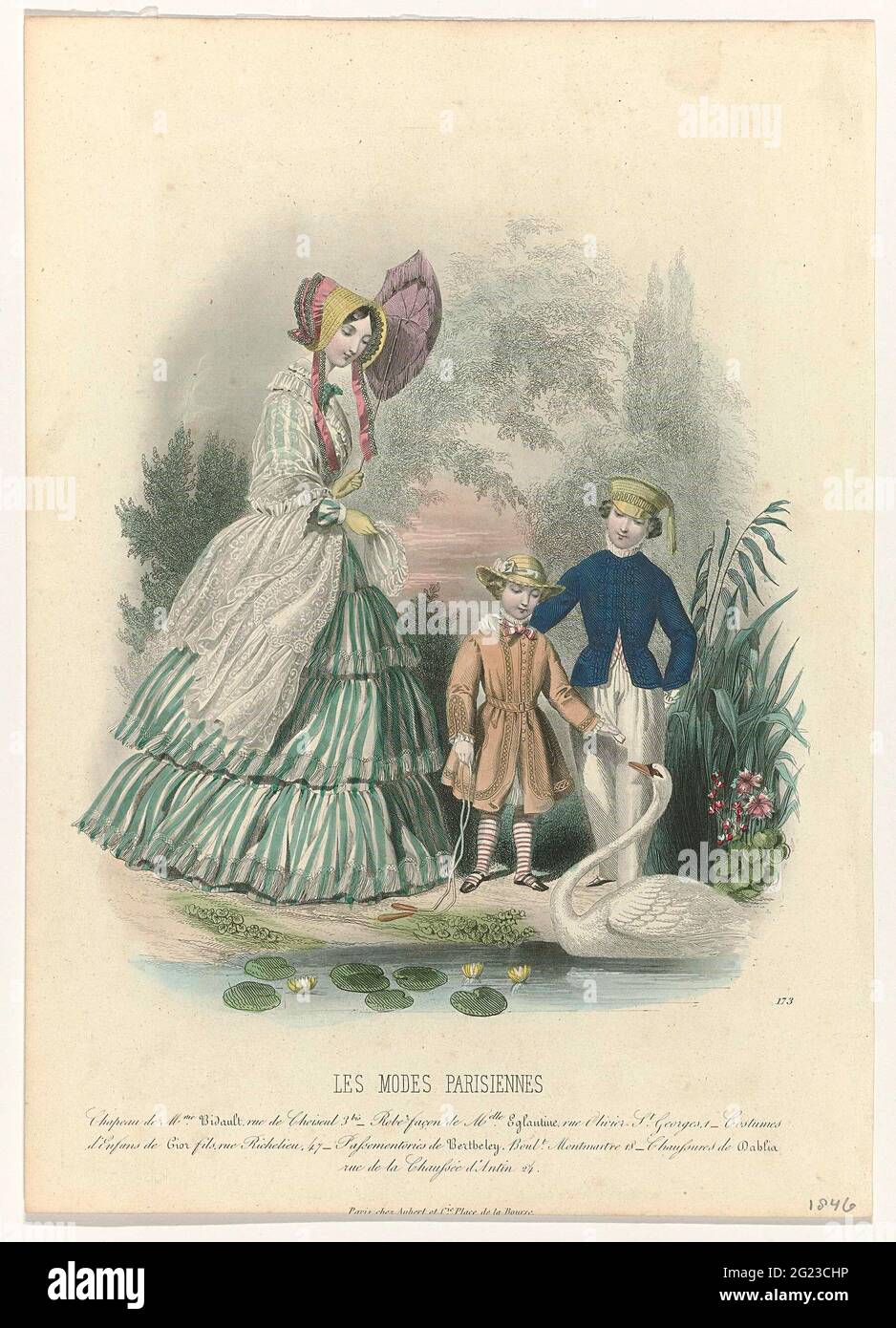 Les Modes Parisiennes, 1846, No. 173: Chapeau de Mme Bidault (...). A woman  and two children at a pond with swan. The woman wears a transparent scarf  with curl motif on a