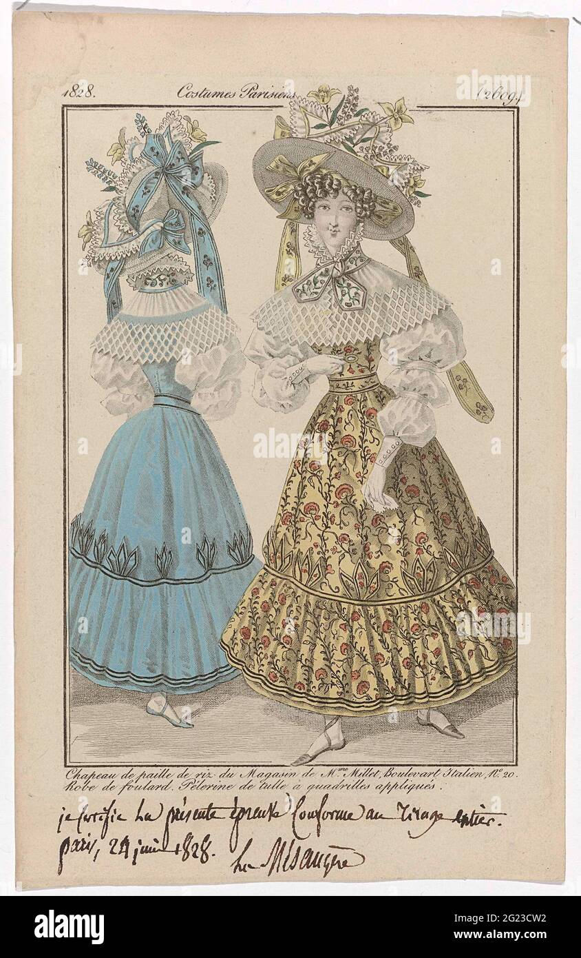 Journal des Ladies et des Modes, Costumes Parisiens, 25 Juin 1828, (2609): Chapeau de Paille de Riz (...). Hat from 'Paille de Riz' from the Millet store. Foulard dress. Pelerine of tulle with 'Quadrilles Appliqués' (windows). Further accessories: gloves, lorgnet, handkerchief, flat shoes with tires. The print is part of the fashion magazine Journal des Laden et DES Moldes, published by Pierre de la Mésangère, Paris, 1797-1839. Stock Photo