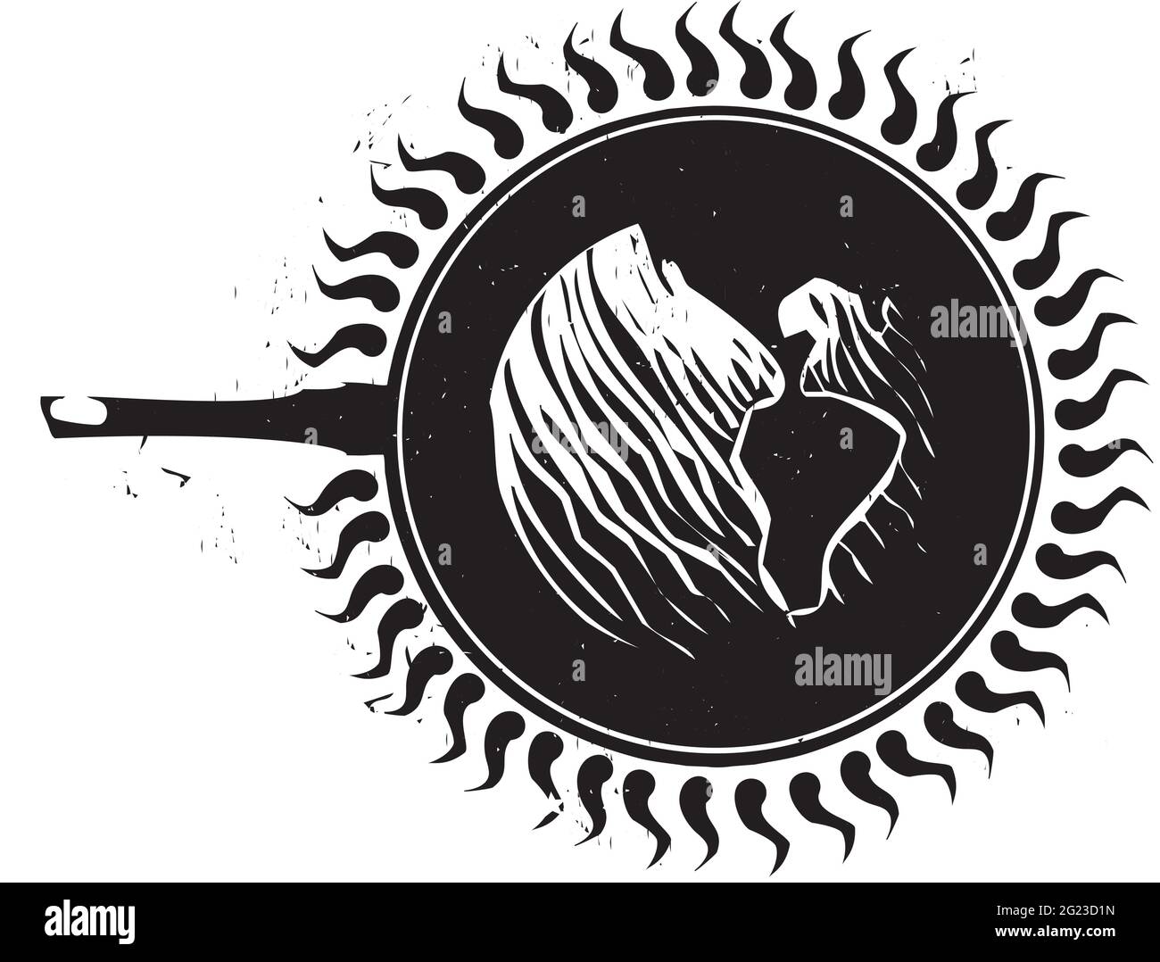 Woodcut frying Earth in a pan climate issue image Stock Vector
