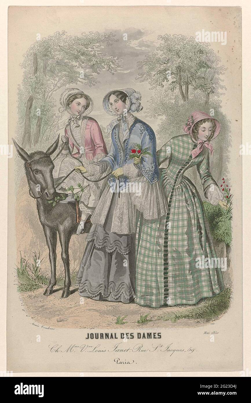 Journal des Ladies, MAI 1850: CH. Mme v.ve Louis (...). A girl sitting on a donkey, a woman next to her has a rein. She is armed with a woman in a checkered dress that is picking flowers. Stock Photo