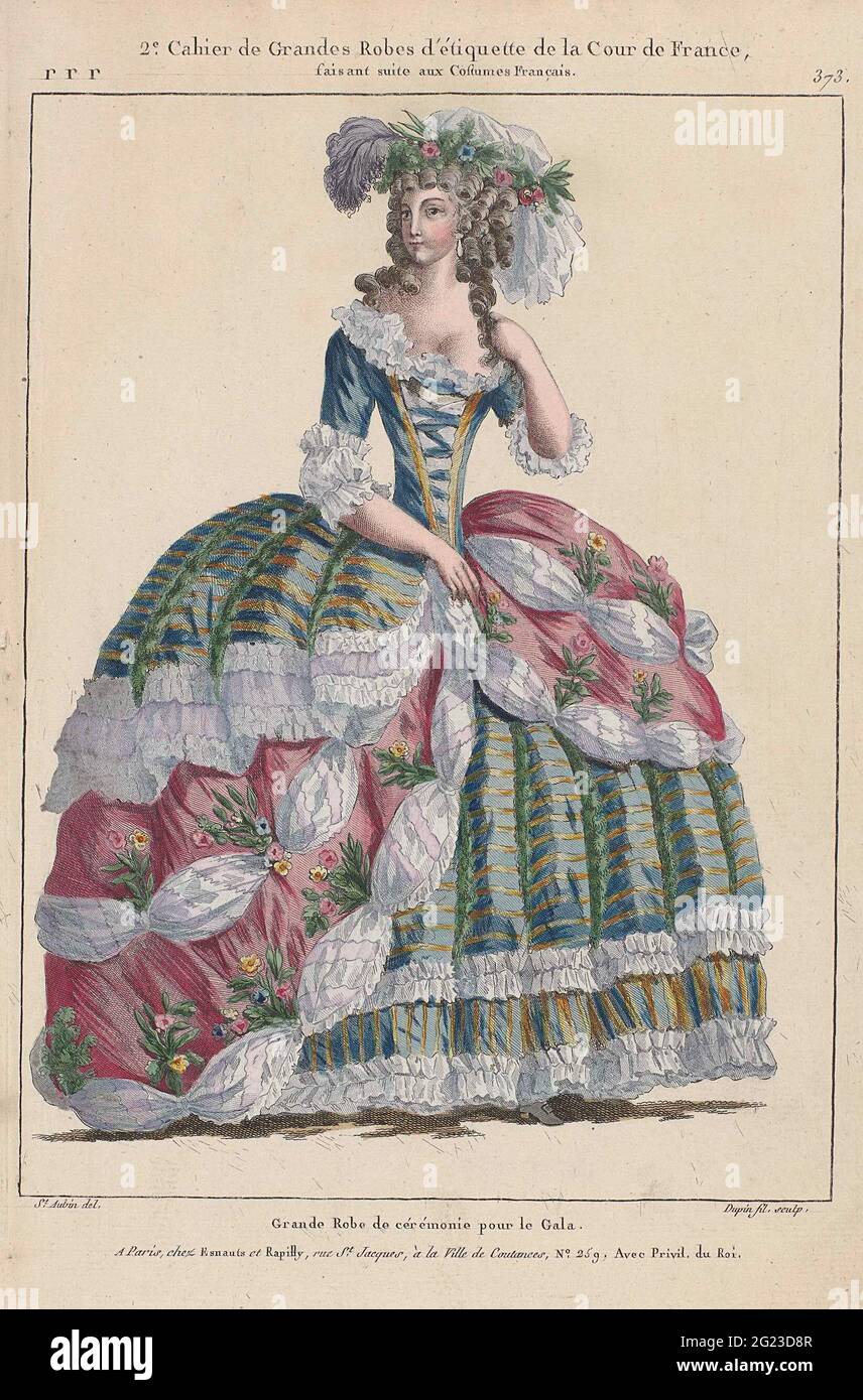 Gallery des Modes et Costumes Français, 1787, RRR 373: Grande Robe de  Cérémoni (...). Woman in gala japon for a ceremony at the court. The court  juke is decorated with flowers and