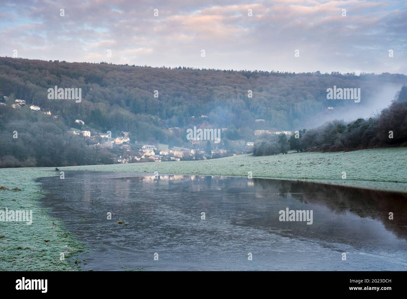The village of Llandogo across frozen river overspill. Stock Photo