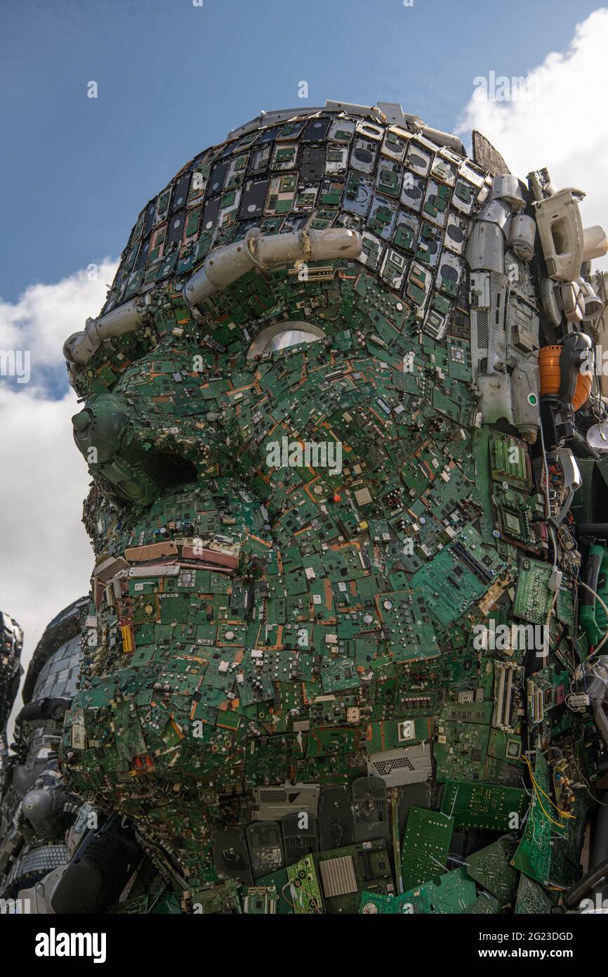 G7 Mount Recyclemore,'Mount Rushmore', sculpture made electronic waste is built on a beach in Carbis Bay Cornwall. Looking over the G7 summit, The seven faces definitely look like the world leaders who will be attending the G7 Summit this week. UK Prime Minister Boris Johnson, Japanese Prime Minister Yoshihide Suga, France's president Emmanuel Macron, Italian Prime Minister Giuseppe Conte, Canadian Prime Minister Justin Trudeau, German Chancellor Angela Merkel and US President Joe Biden. The artists behind the project is Joe Rush, Alex Wreckage international He is using old electrical items Stock Photo